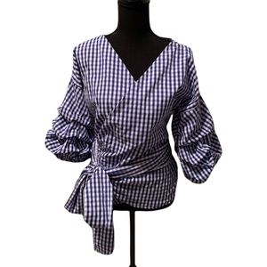 Fashion Nova V-neck Wrap Top Blue and White Gingham Print Medium